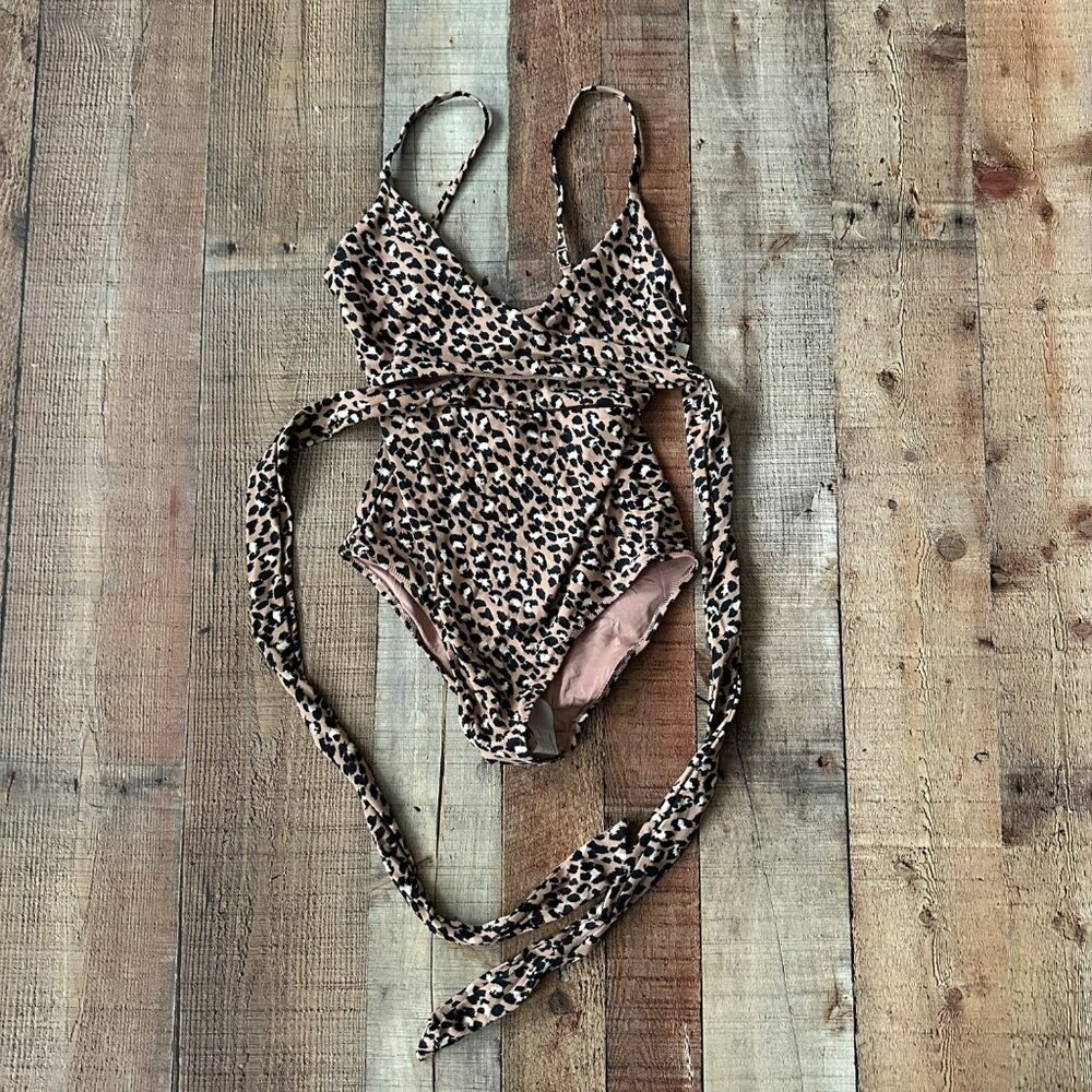 Aerie Womens Leopard Print One Piece Wrap Around Tie Swimsuit US S Long